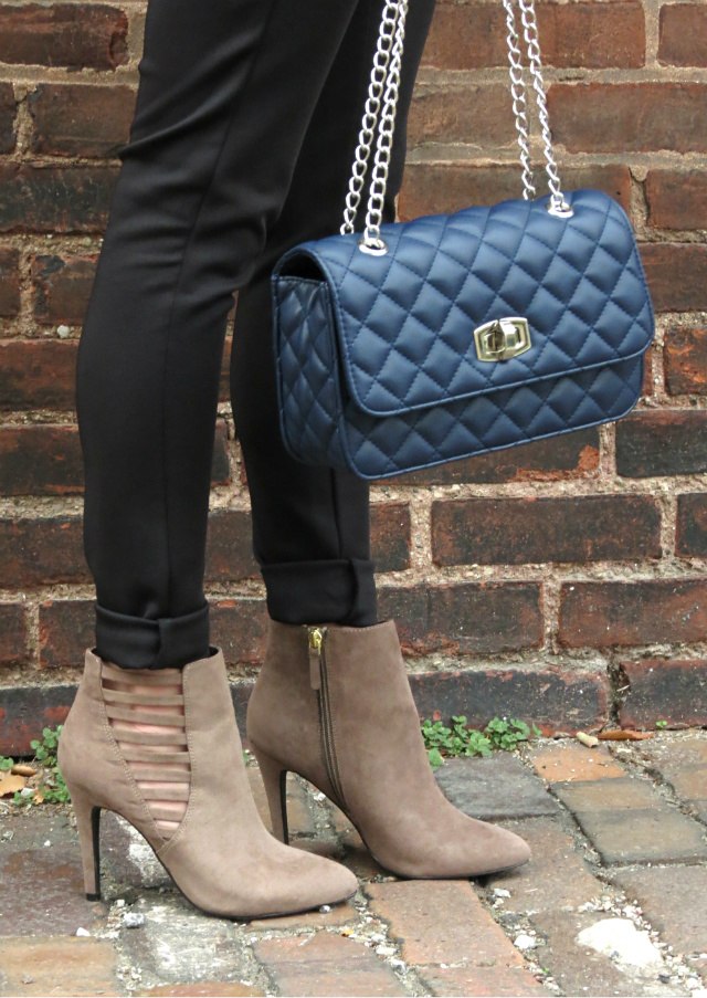 J Crew majesty peacoat, 2-in-1 sweater, navy quilted chain strap bag, cutout ankle booties