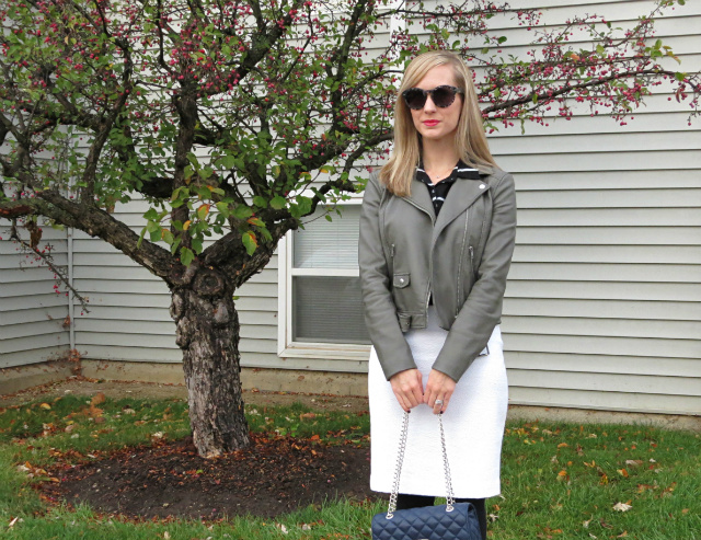 gray leather jacket, white pencil skirt, black tights and suede pumps, indianapolis style blog