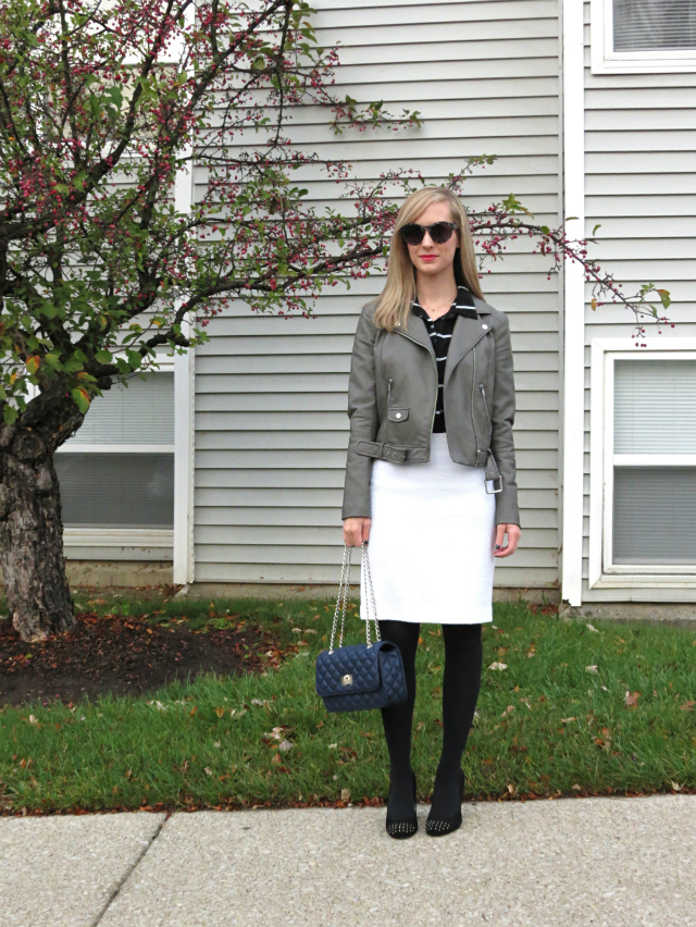 gray leather jacket, white pencil skirt, black tights and suede pumps, indianapolis style blog