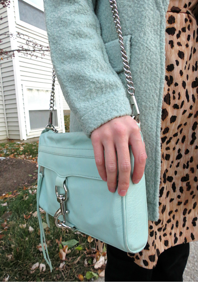 animal print dress, mint coat, j crew statement necklace, over the knee boots