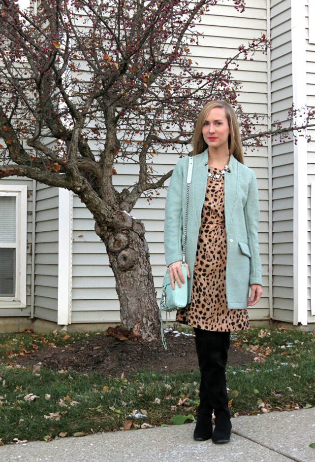animal print dress, mint coat, j crew statement necklace, over the knee boots