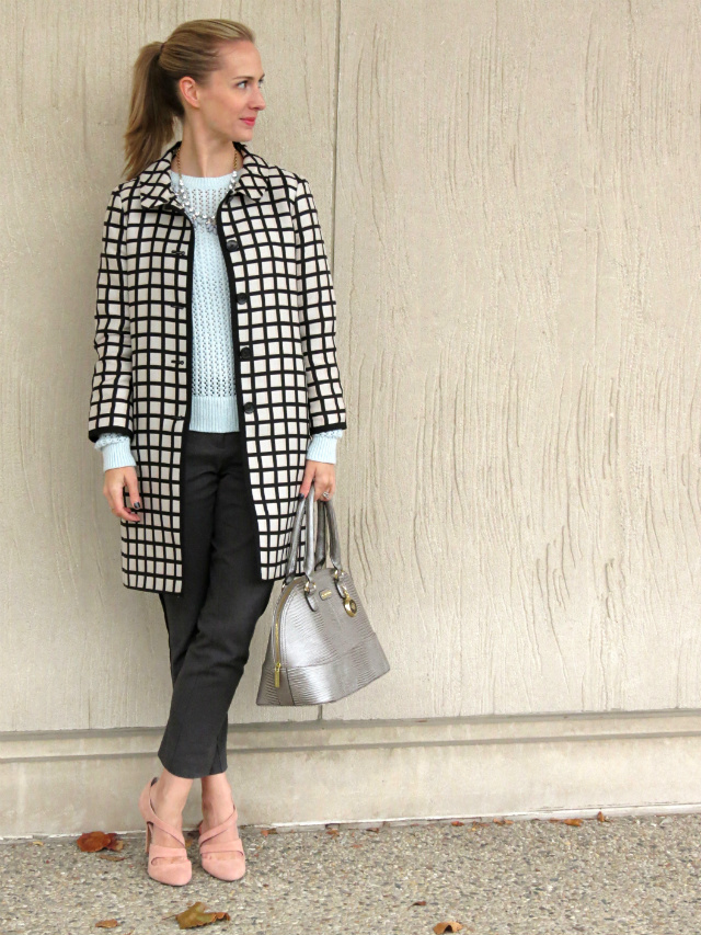 colorblock pants, pastel sweater, windowpane trench, silver satchel, pink suede pumps