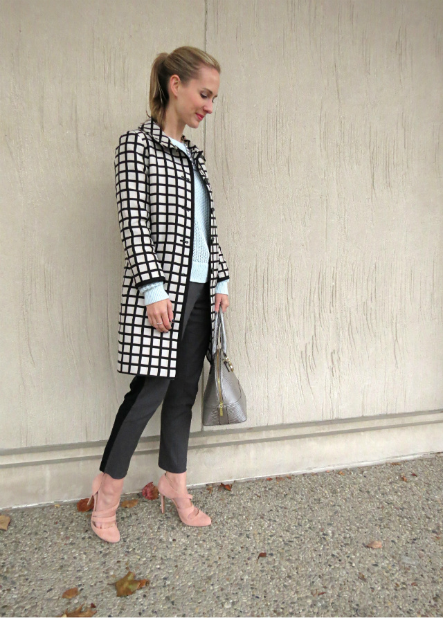 colorblock pants, pastel sweater, windowpane trench, silver satchel, pink suede pumps