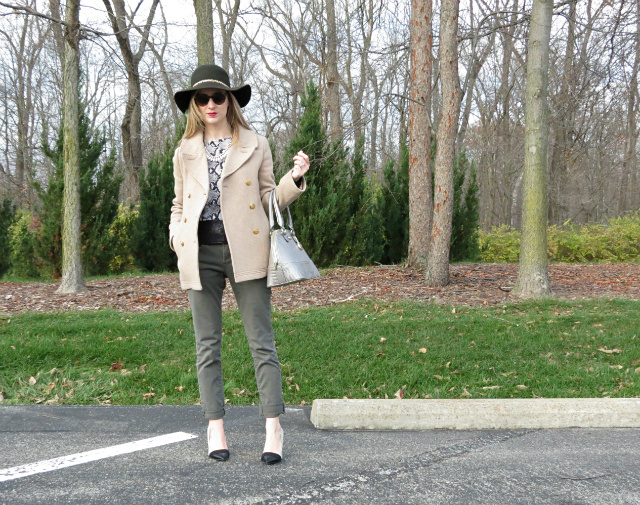 snake print top, olive chinos, cap toe pumps, olive floppy hat, J Crew majesty peacoat, le tote