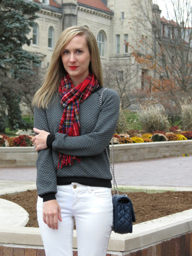 winter white jeans, gray sweatshirt, red plaid scarf, silver flats, quilted jacket, le tote, bloomington indiana style blogger
