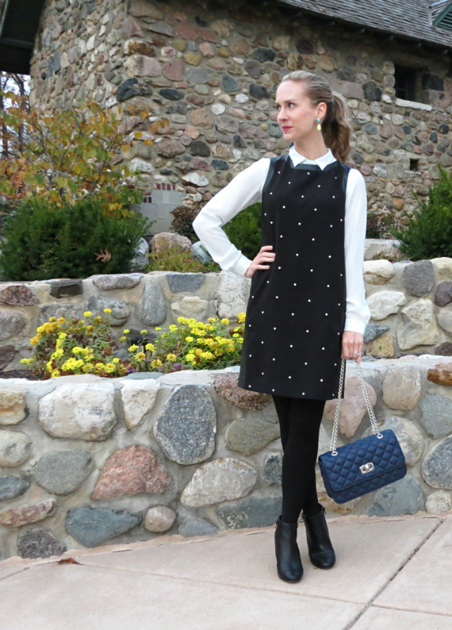 button up shirt under dress, faux leather LBD, tights and ankle boots, quilted navy bag