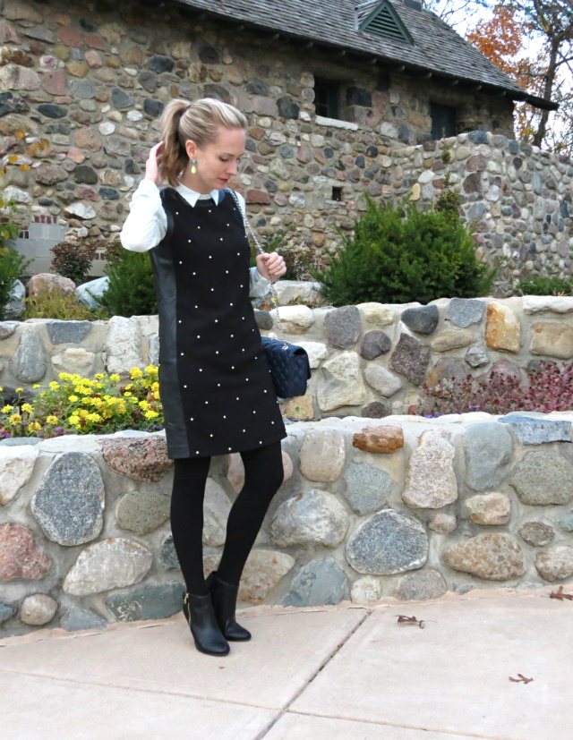 button up shirt under dress, faux leather LBD, tights and ankle boots, quilted navy bag