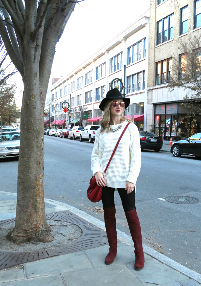 bordeaux over the knee boots, oversized cream sweater, target hat, pink ray ban aviators