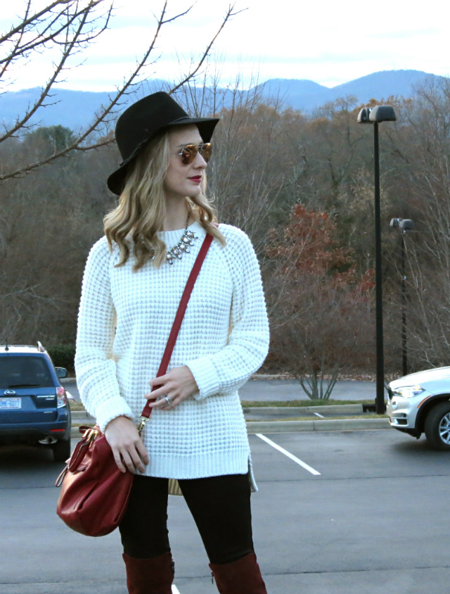 bordeaux over the knee boots, oversized cream sweater, target hat, pink ray ban aviators