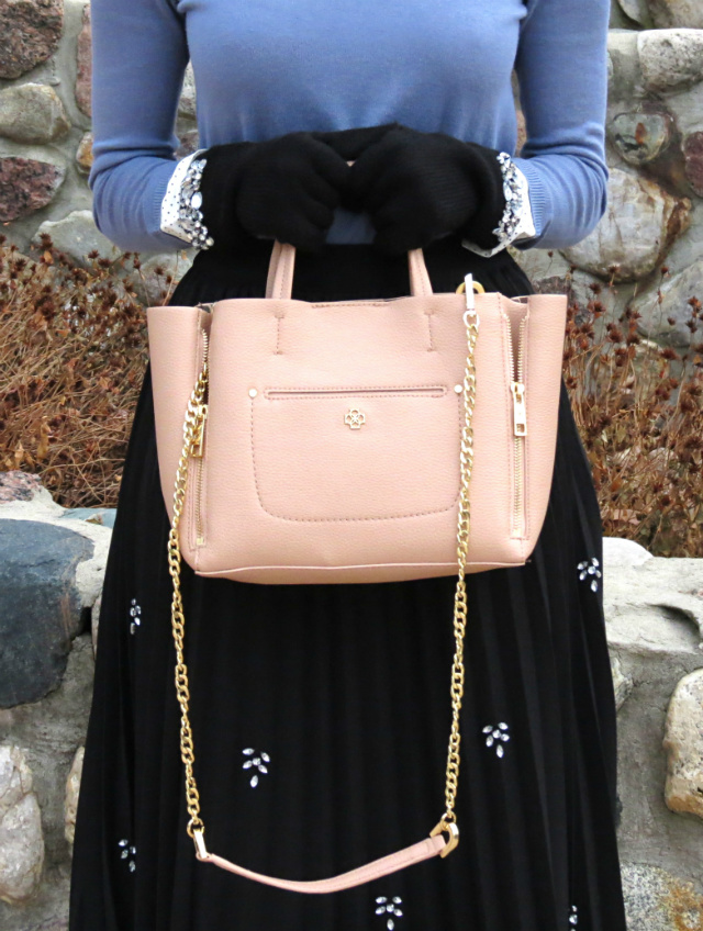 jeweled pleated midi skirt, 2-in-1 top, blush satchel, silver pumps, jeweled gloves