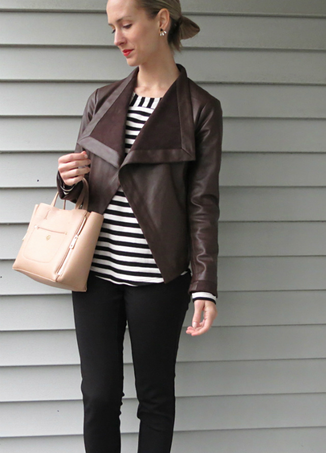 brown leather jacket, striped shirt, black ponte pants, steve madden d'orsay pumps, blush bag