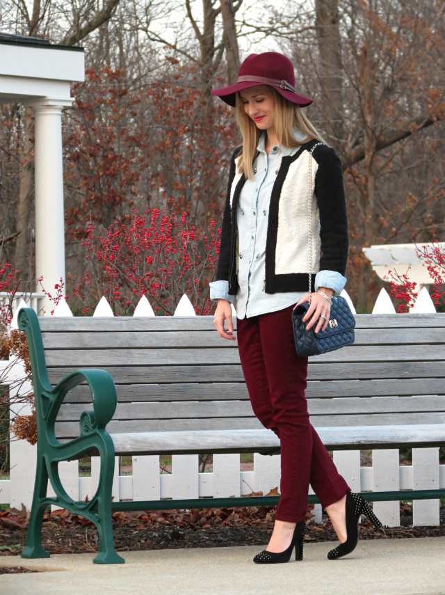 burgundy jeans, embellished chambray, colorblock sweater, burgundy hat, express quilted bag, anne klein studded pumps