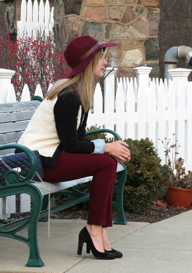 burgundy jeans, embellished chambray, colorblock sweater, burgundy hat, express quilted bag, anne klein studded pumps