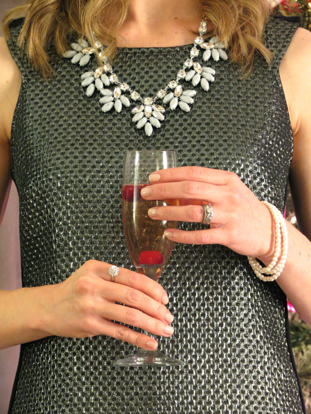 silver dress, christmas party dress, let tote, champagne with frozen cranberries