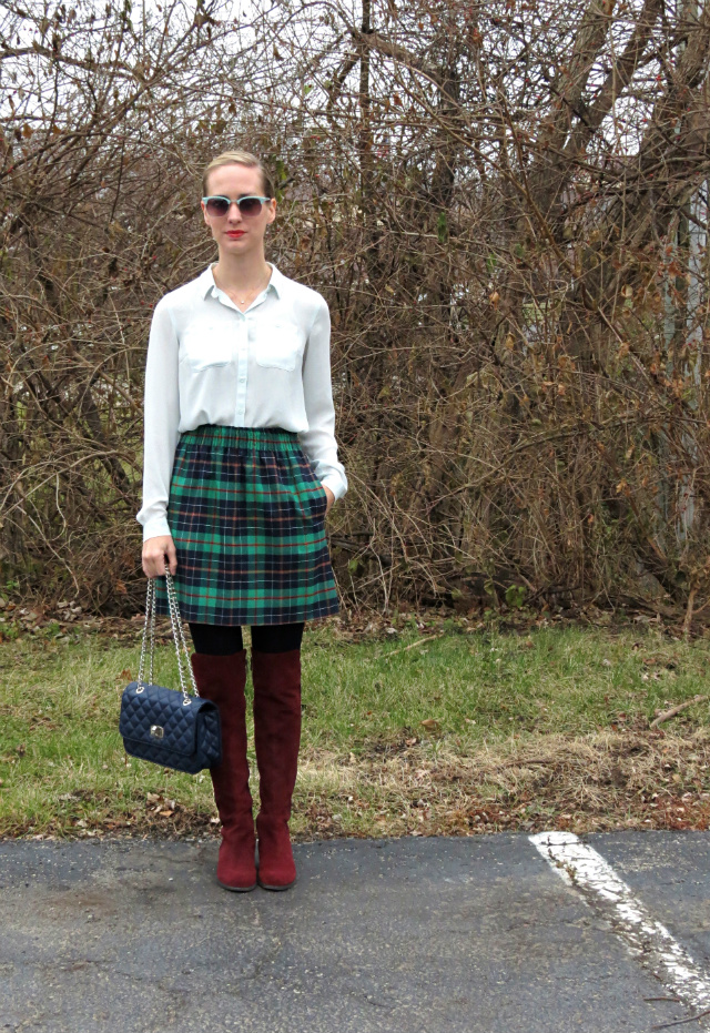 green plaid skirt, burgundy over the knee boots, navy quilted bag