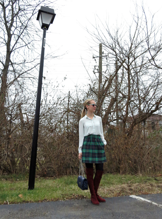 green plaid skirt, burgundy over the knee boots, navy quilted bag