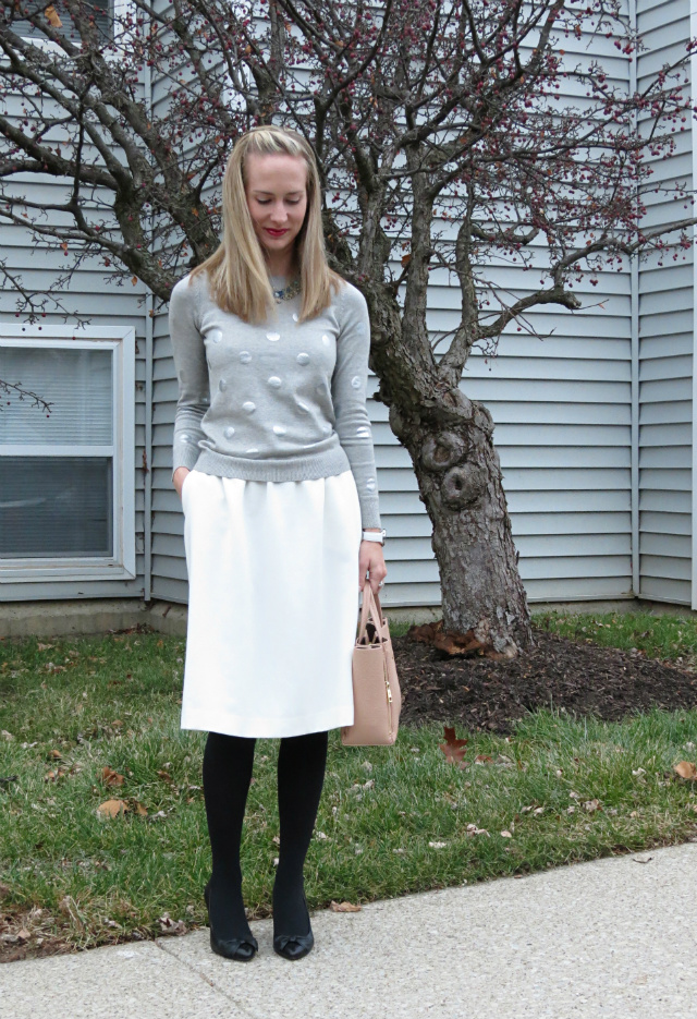 white midi skirt, gray polka dot sweater, blush ann taylor bag, statement necklace, white watch