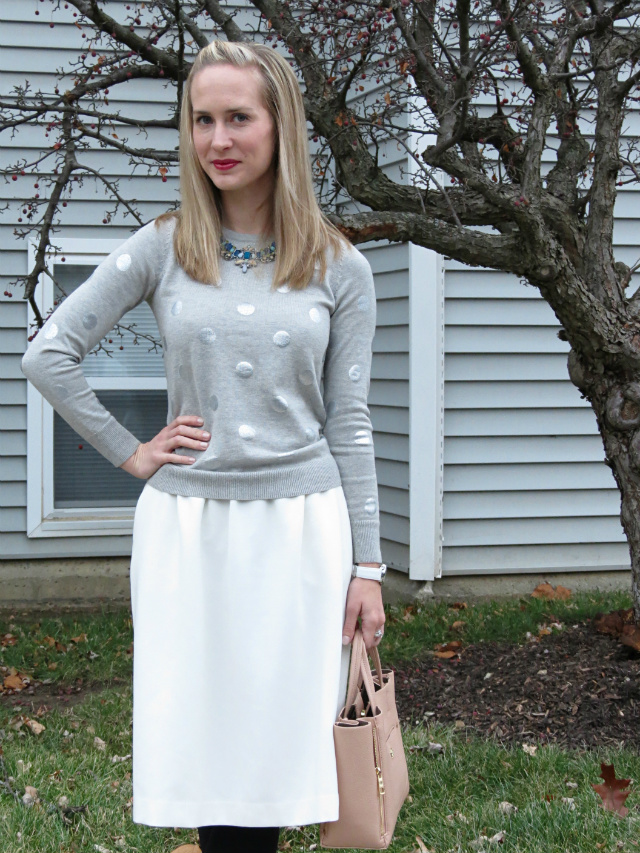 white midi skirt, gray polka dot sweater, blush ann taylor bag, statement necklace, white watch