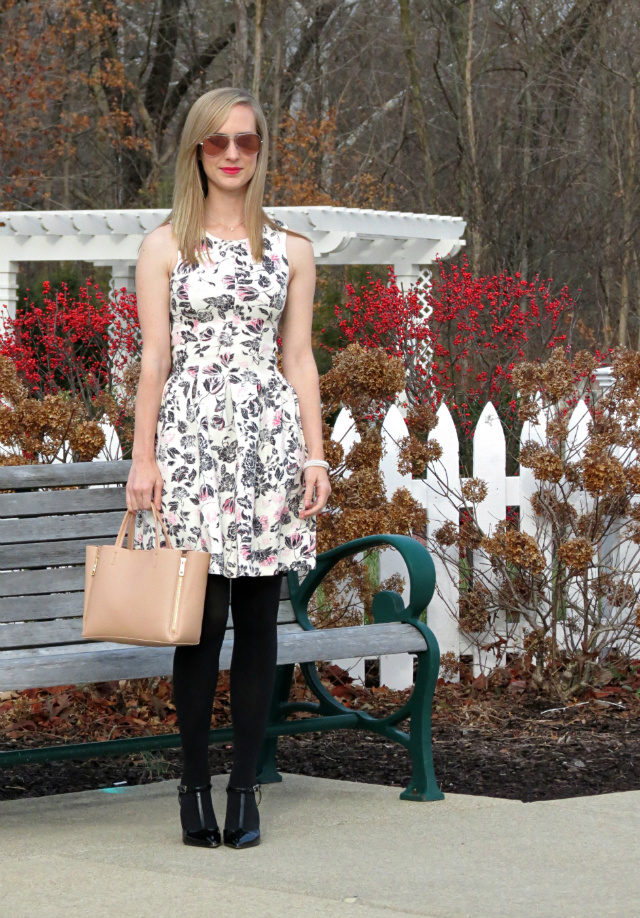 floral fit and flare dress, black tights, black t-strap pumps, ann taylor blush satchel, J Crew majesty peacoat, ray ban pink aviators