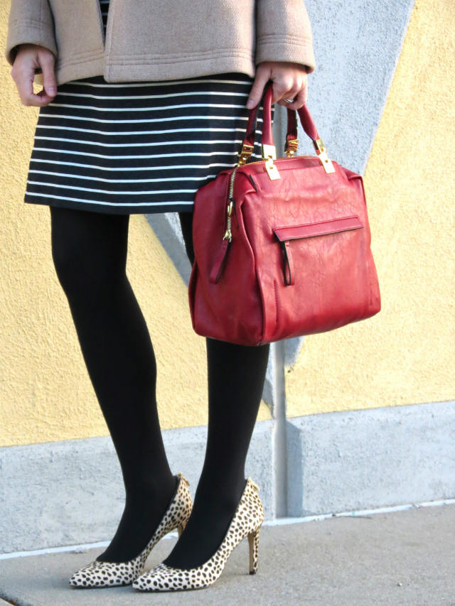 striped leather sleeve dress, red satchel, cluster pearl necklace, cheetah print pumps, J Crew majesty peacoat