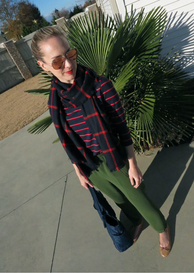 j crew turner pant, target plaid scarf and matching striped tee, ray ban aviators