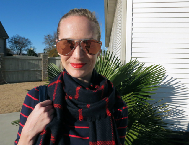 j crew turner pant, target plaid scarf and matching striped tee, ray ban aviators