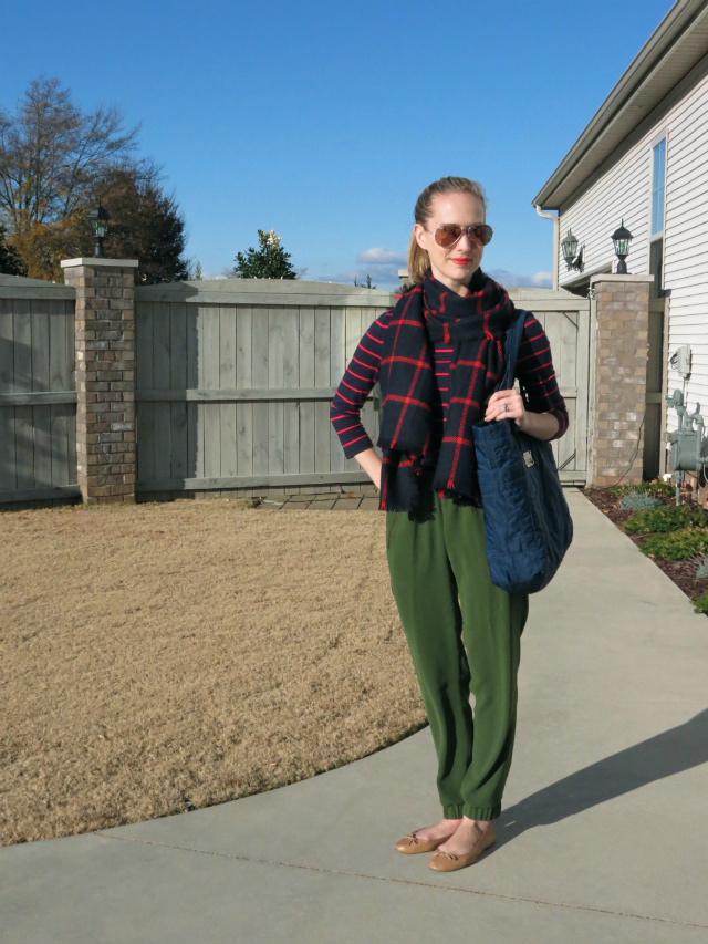 j crew turner pant, target plaid scarf and matching striped tee, ray ban aviators