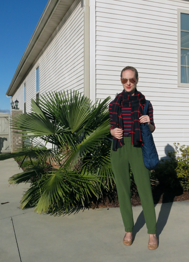 j crew turner pant, target plaid scarf and matching striped tee, ray ban aviators