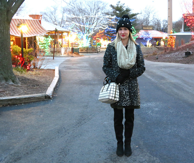christmas at indianapolis zoo, pearl beanie, blue leopard coat, windowpane fossil sydney satchel, faux fur infinity scarf