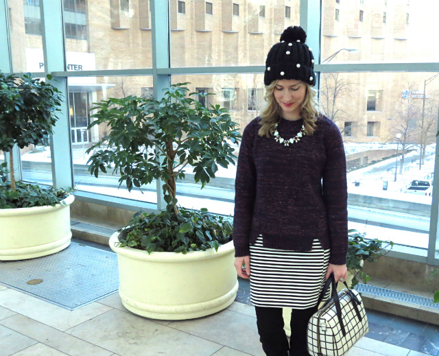 cold weather dressing, madewell striped shirt, pearl beanie, windowpane fossil satchel, otk boots