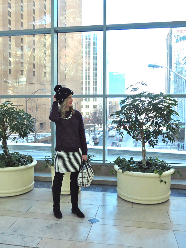 cold weather dressing, madewell striped shirt, pearl beanie, windowpane fossil satchel, otk boots