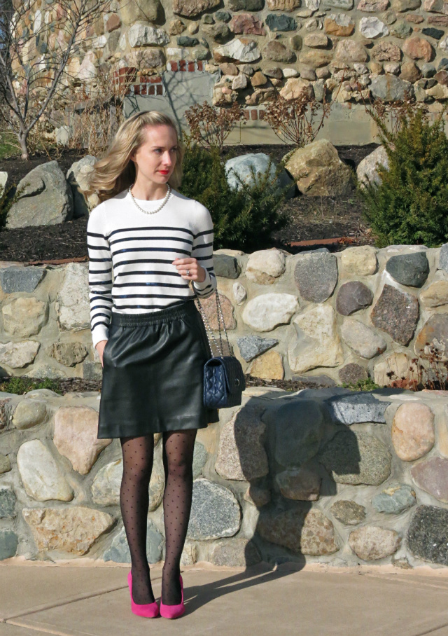faux leather mini skirt, sequin stripe sweater, pink suede pumps, NYE outfit