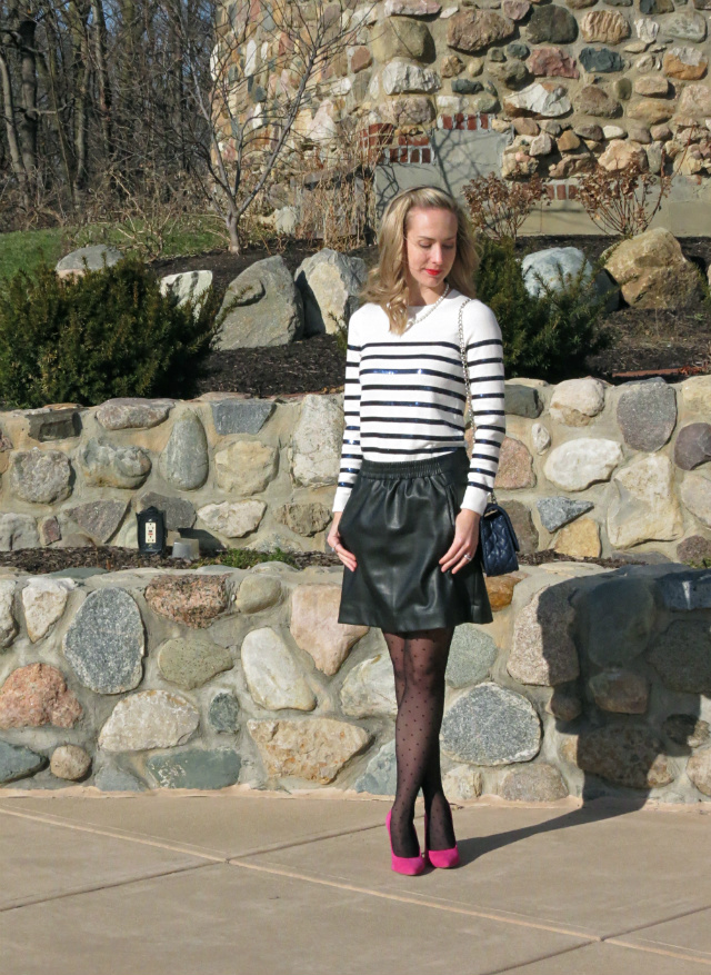 faux leather mini skirt, sequin stripe sweater, pink suede pumps, NYE outfit