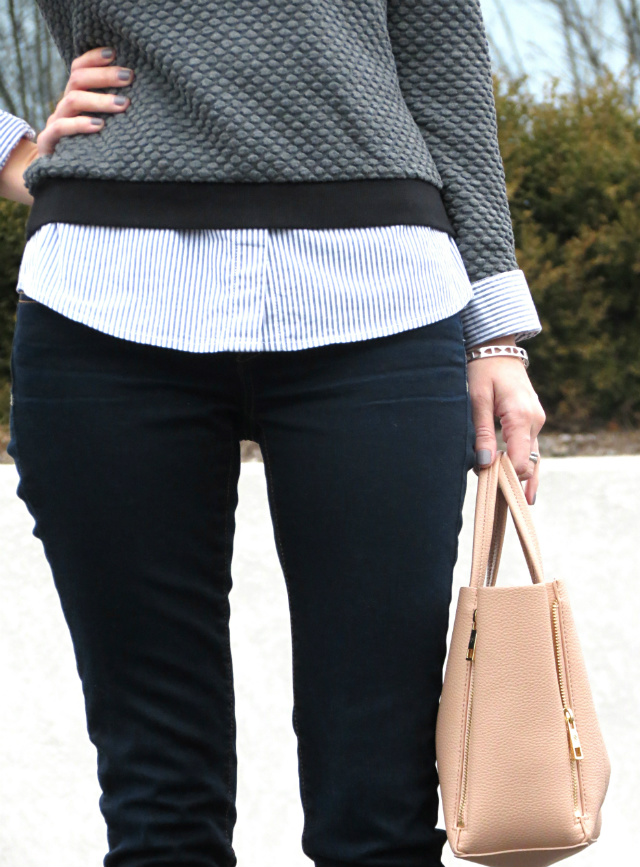 embellished striped shirt layered under gray sweatshirt, dark skinny jeans, black menswear loafers, blush satchel, leopard coat, outfit planning, at-a-glance planners