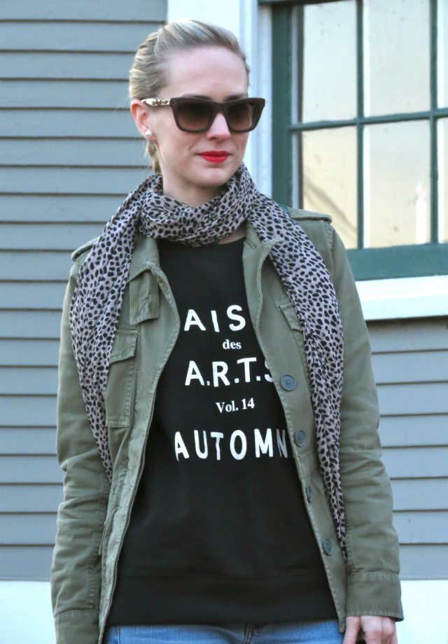 madewell graphic sweatshirt, madewell army jacket, fringe ankle boots, cheetah scarf, double-sided pearl earrings