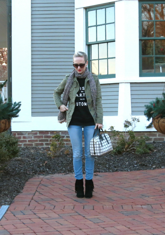 madewell graphic sweatshirt, madewell army jacket, fringe ankle boots, cheetah scarf, double-sided pearl earrings