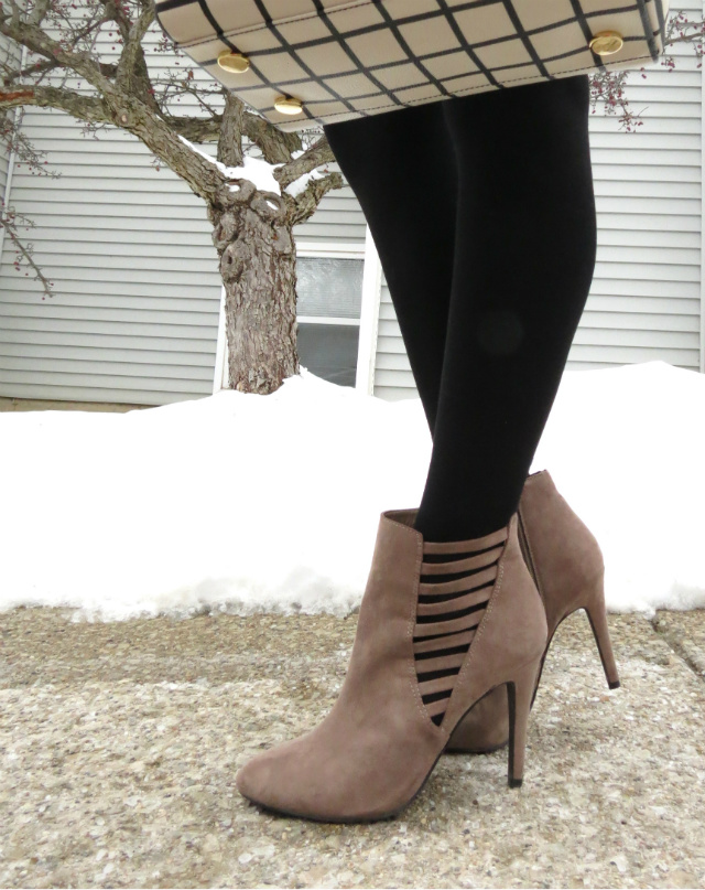 red sweater, faux leather mini skirt, fossil windowpane satchel, cutout booties, leopard scarf