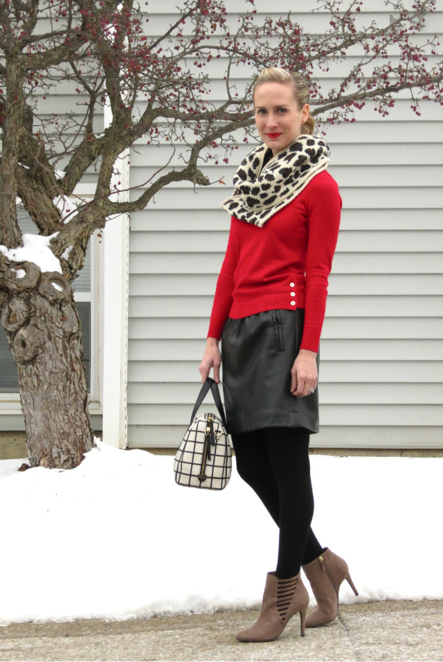 red sweater, faux leather mini skirt, fossil windowpane satchel, cutout booties, leopard scarf