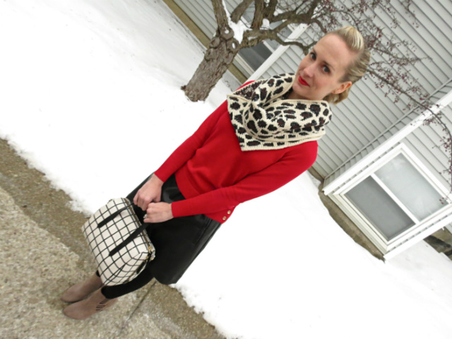 red sweater, faux leather mini skirt, fossil windowpane satchel, cutout booties, leopard scarf