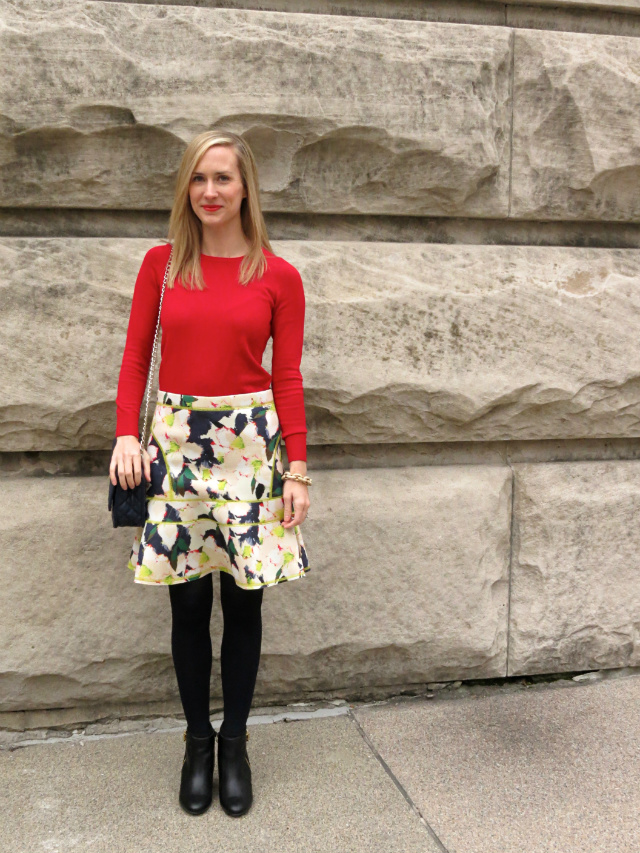 j crew scuba skirt, ann taylor red sweater, pave link bracelet, ankle boots with skirt