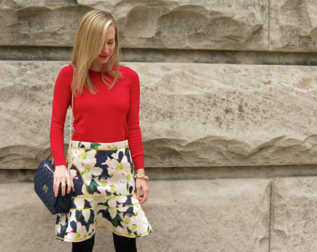 j crew scuba skirt, ann taylor red sweater, pave link bracelet, ankle boots with skirt