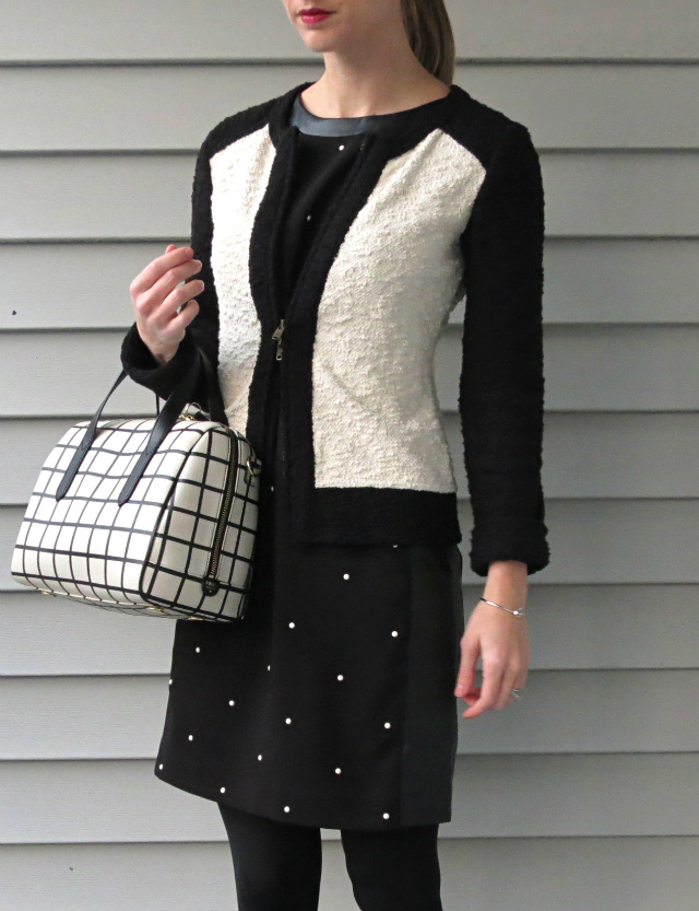 black and white, ann taylor dress, windowpane satchel, burgundy quilted flats