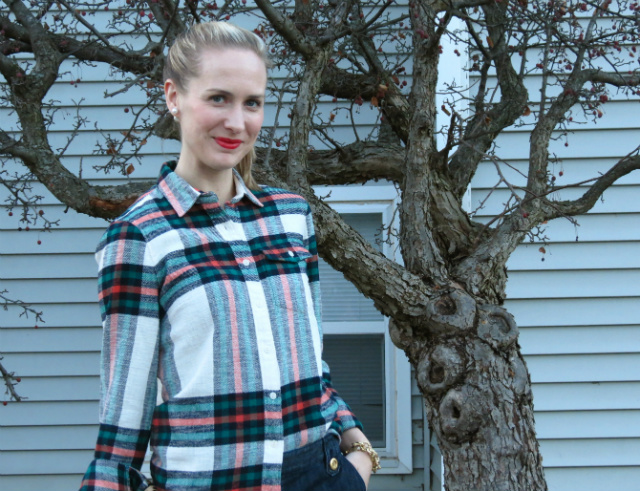 J Crew plaid flannel shirt, flared jeans, red boots, leopard clutch, double pearl earrings