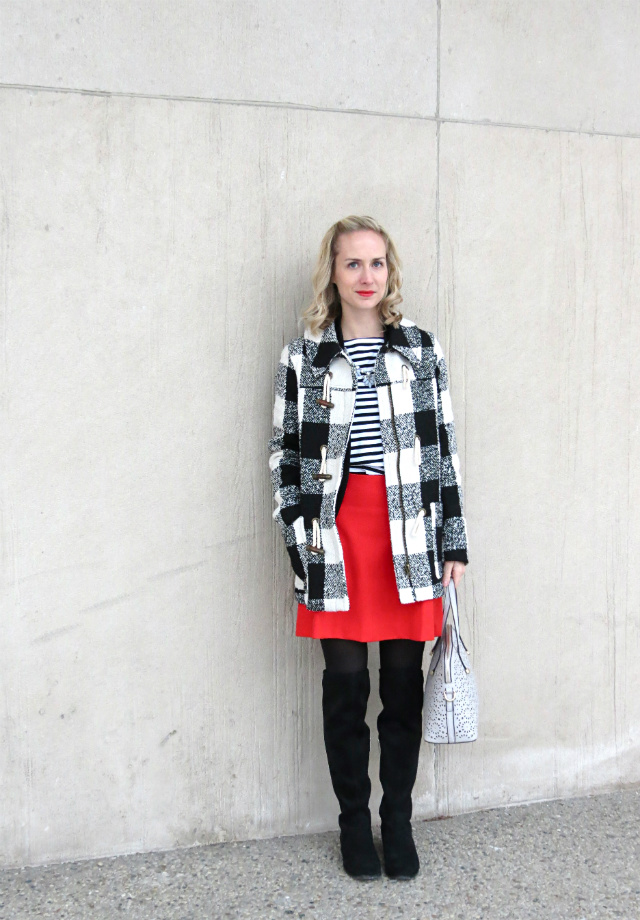 buffalo plaid coat, red flippy skirt, over the knee suede boots