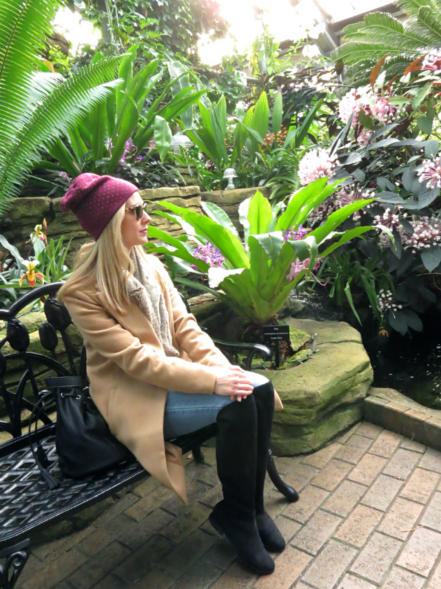 camel coat, cream sweater, faux fur scarf, over the knee boots, studded beanie, garfield park conservatory