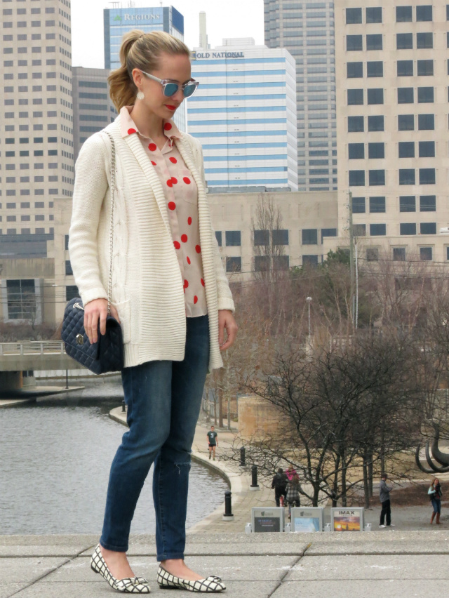 loft red polka dot blouse, distressed boyfriend jeans, clear sunglasses, express quilted bag, kate spade bow flats