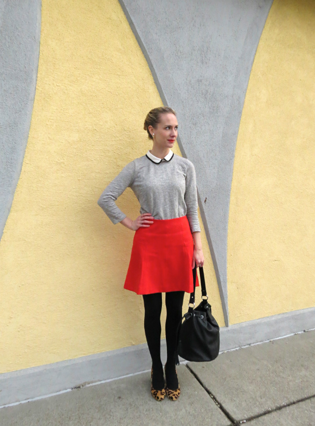 loft red flippy skirt, peter pan collar sweater, leopard haircalf pumps, bucket bag