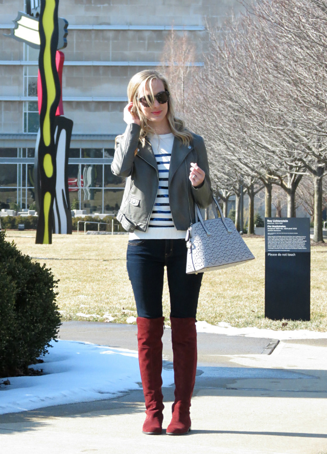 sequin stripe sweater, burgundy over the knee boots, gray faux leather jacket, gray satchel, indianapolis museum of art, indianapolis blogger