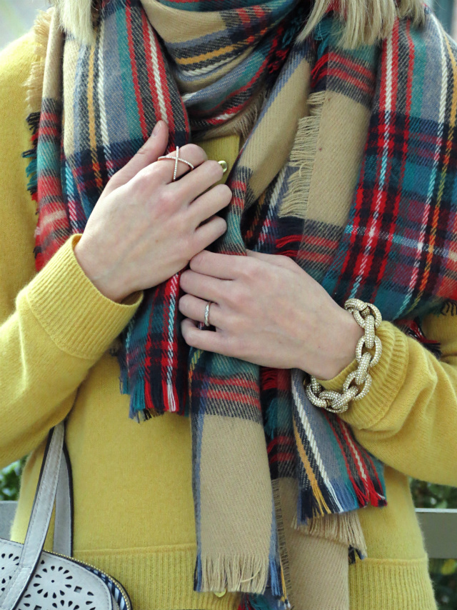 jeffrey campbell tassel loafers, yellow cashmere sweater, target plaid scarf
