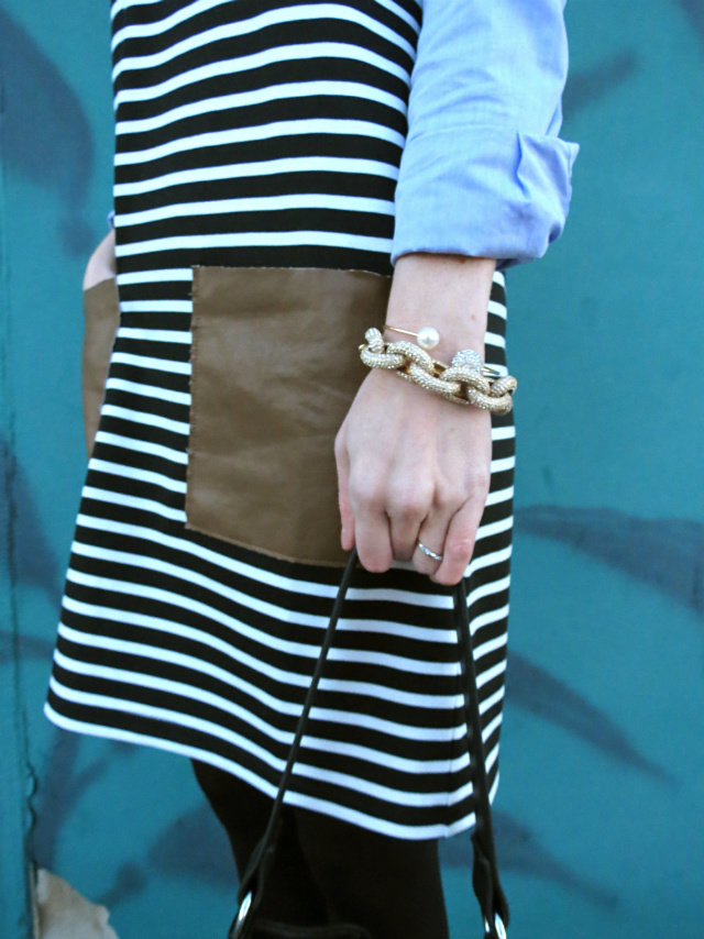 stripe dress with leather pockets, forever 21 bucket bag, camel coat, stacked bracelets, mint julep boutique giveaway